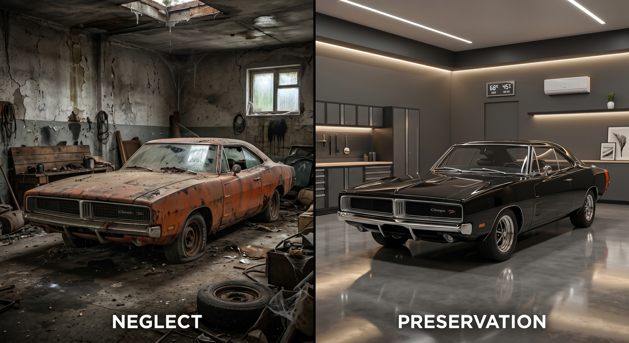 Comparison of climate-controlled vs standard car storage showing corrosion damage vs pristine preservation