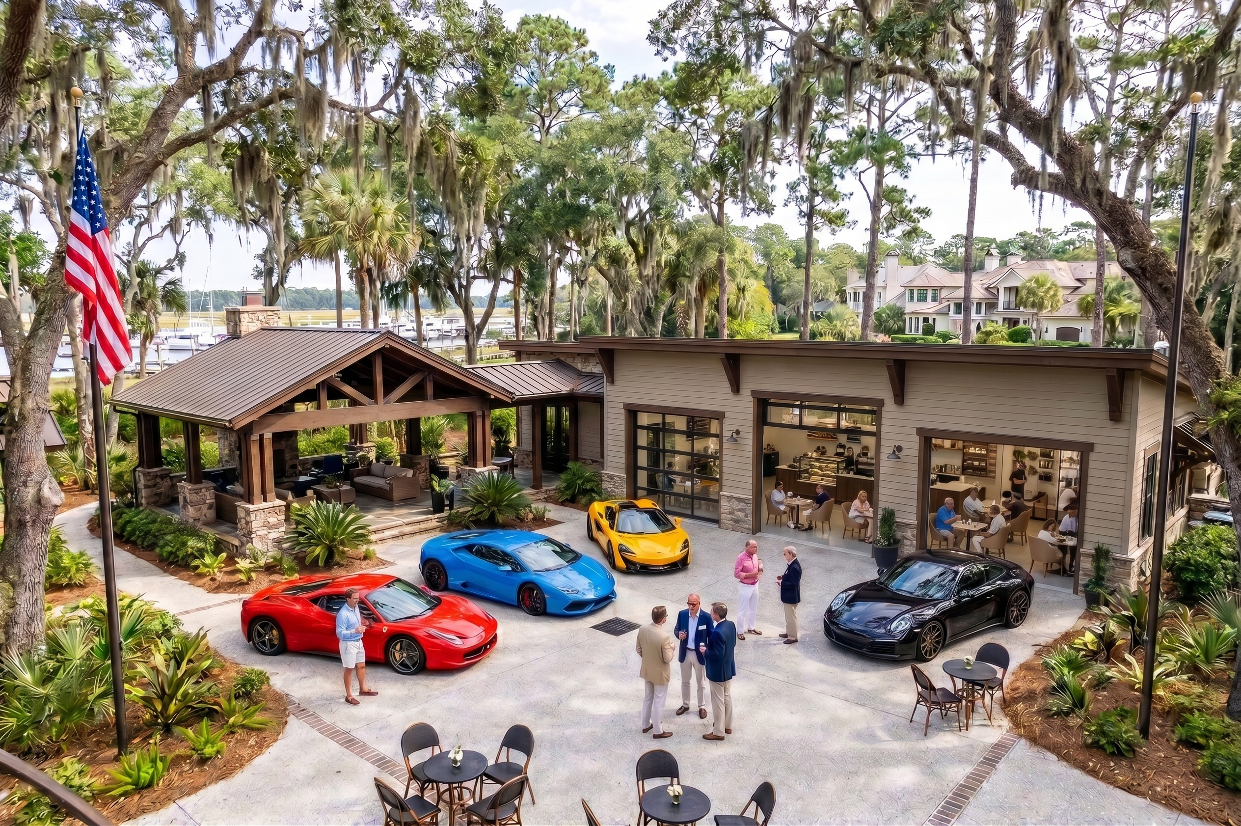 An overhead view of an upscale, private automotive social club on Hilton Head Island, featuring a collection of modern exotic sports cars (including a red Ferrari, blue Lamborghini, yellow McLaren, and black Porsche) parked on a paved courtyard surrounded by Spanish moss-draped oak trees. An American flag stands on the left, while a coffee shop with open garage doors shows patrons sitting at indoor tables.