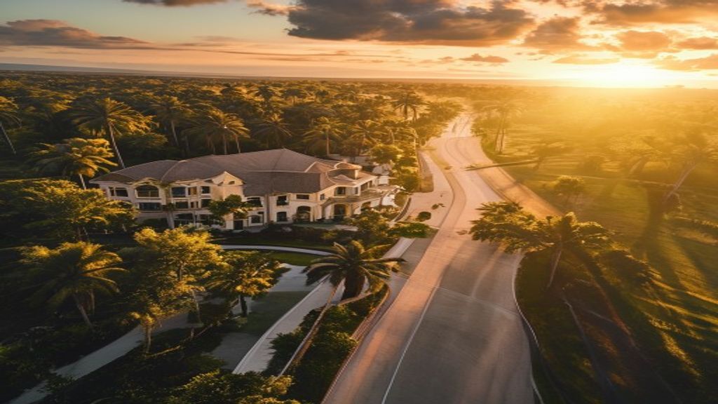 Aerial view of Vehicle Vault Club automotive social club exterior on Hilton Head Island South Carolina at sunset