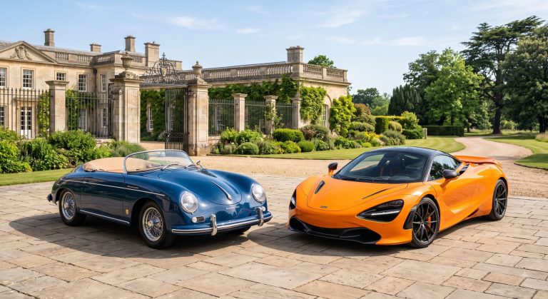 A vintage dark blue Porsche 356 Carrera Speedster parked side by side with a bright orange modern McLaren 720S supercar on a paved courtyard in front of an English country manor.