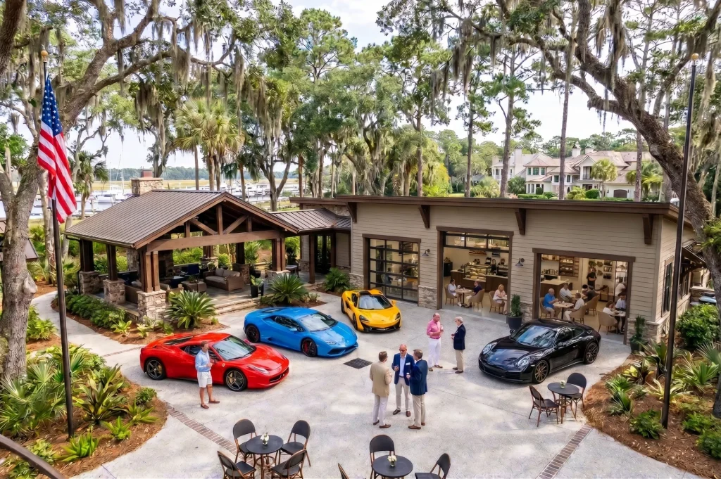 An overhead view of an upscale, private automotive social club on Hilton Head Island, featuring a collection of modern exotic sports cars (including a red Ferrari, blue Lamborghini, yellow McLaren, and black Porsche) parked on a paved courtyard surrounded by Spanish moss-draped oak trees. An American flag stands on the left, while a coffee shop with open garage doors shows patrons sitting at indoor tables.