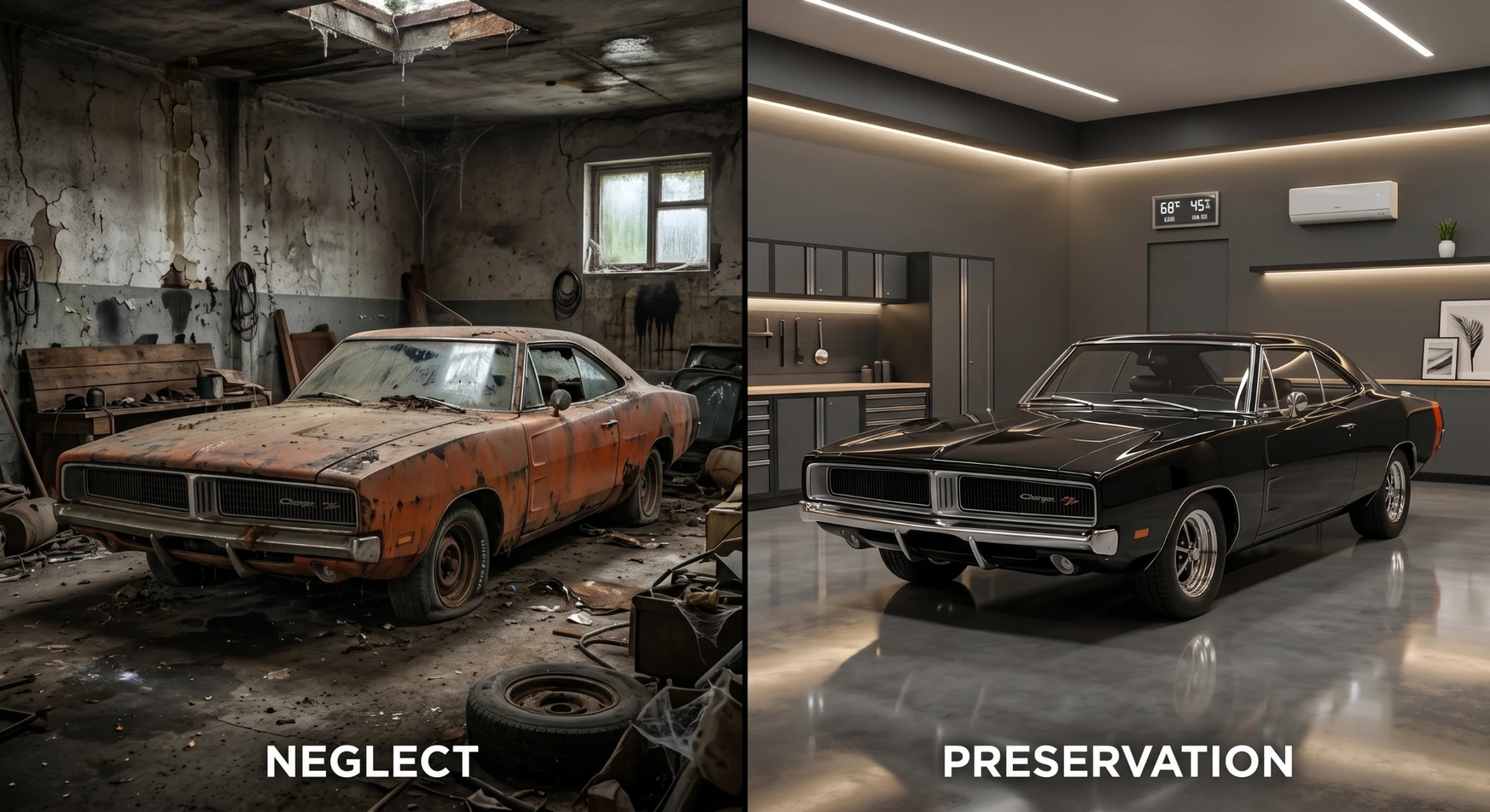 Comparison of climate-controlled vs standard car storage showing corrosion damage vs pristine preservation