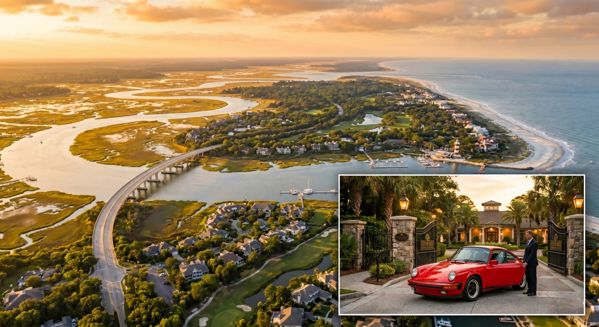 Aerial view of Hilton Head Island SC with luxury car highlighting need for premium car storage in coastal climate